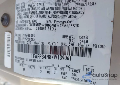 2007 Ford Focus S/Se/Ses from USA, damaged, VIN 1FAFP34N87W139061